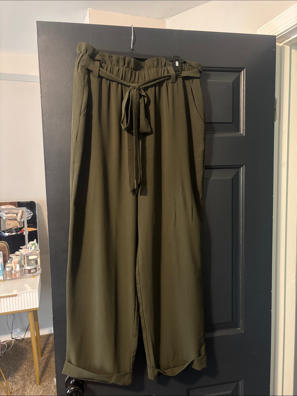 Wide Leg Paperbag Waist Pants - Olive